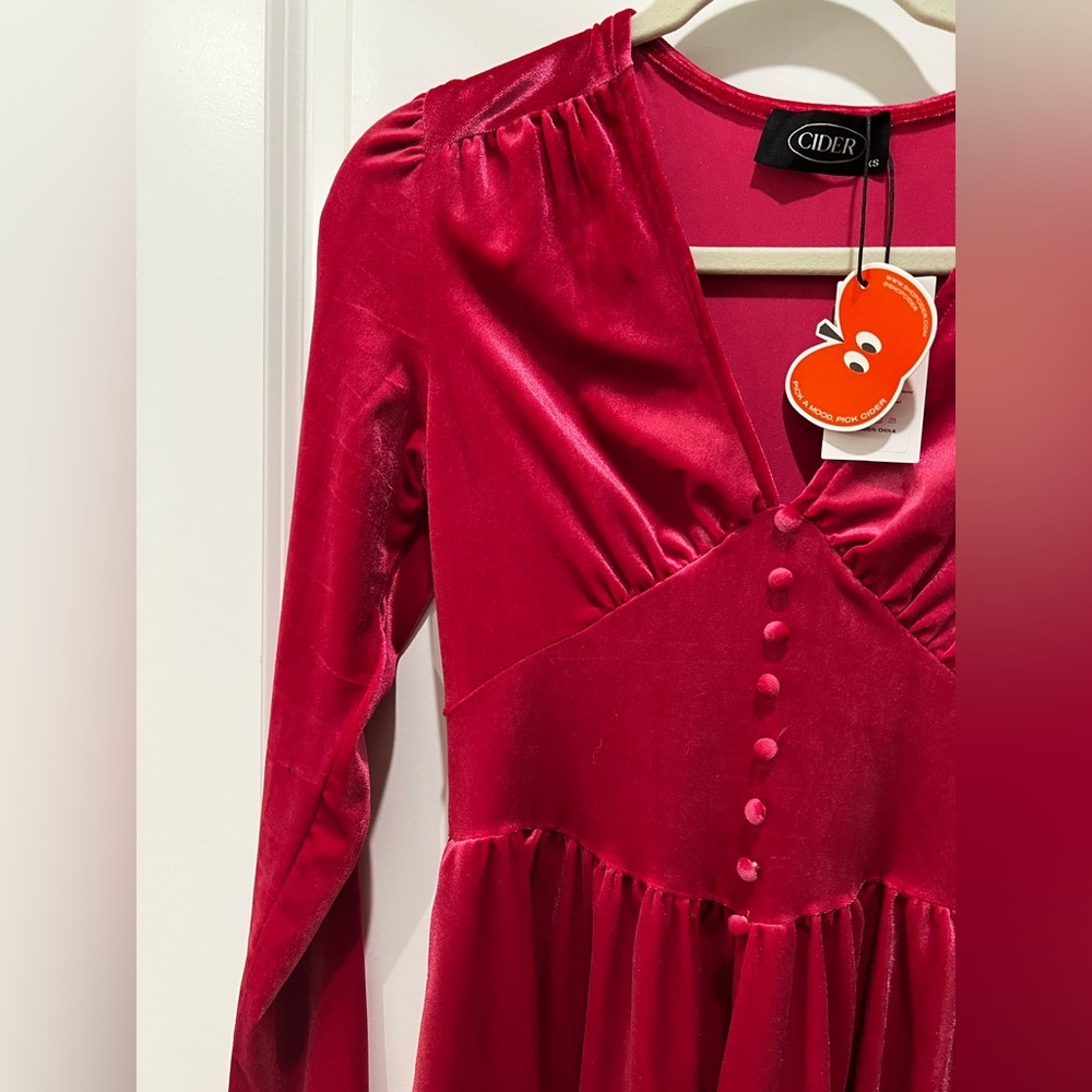 Cider Velvet V-Neck Mini Dress Long Sleeve Pink Size XS - Picture 7 of 11